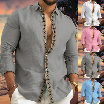 Rudens Vīriešu Ikdienas Drukas Krekls Ar Garām Piedurknēm Zaudēt Blūze Pogu Uz Leju Krekli, T-Veida Topi, Beachwear Vīriešu Apģērbs