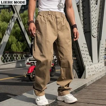 Vīrieši Kravas Bikses ar Kabatām Loose Fit Streetwear Elastīgs Viduklis Plats Kāju Haki Plus Lieluma Baggy Bikses Vīriešiem Gadījuma Joggers