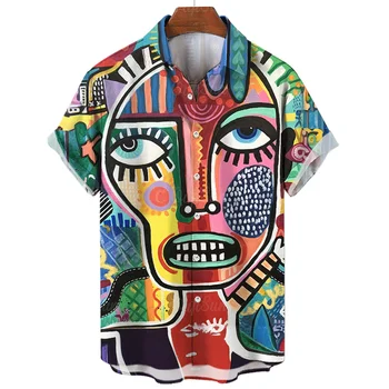 Anotācija Sejas 3d Drukas Krekls Vīriešiem Vasarā Mākslas Glezniecības, Grafikas, Īsām Piedurknēm Havaju Krekls, Atloks, Blūze Topi Iela Apģērbi